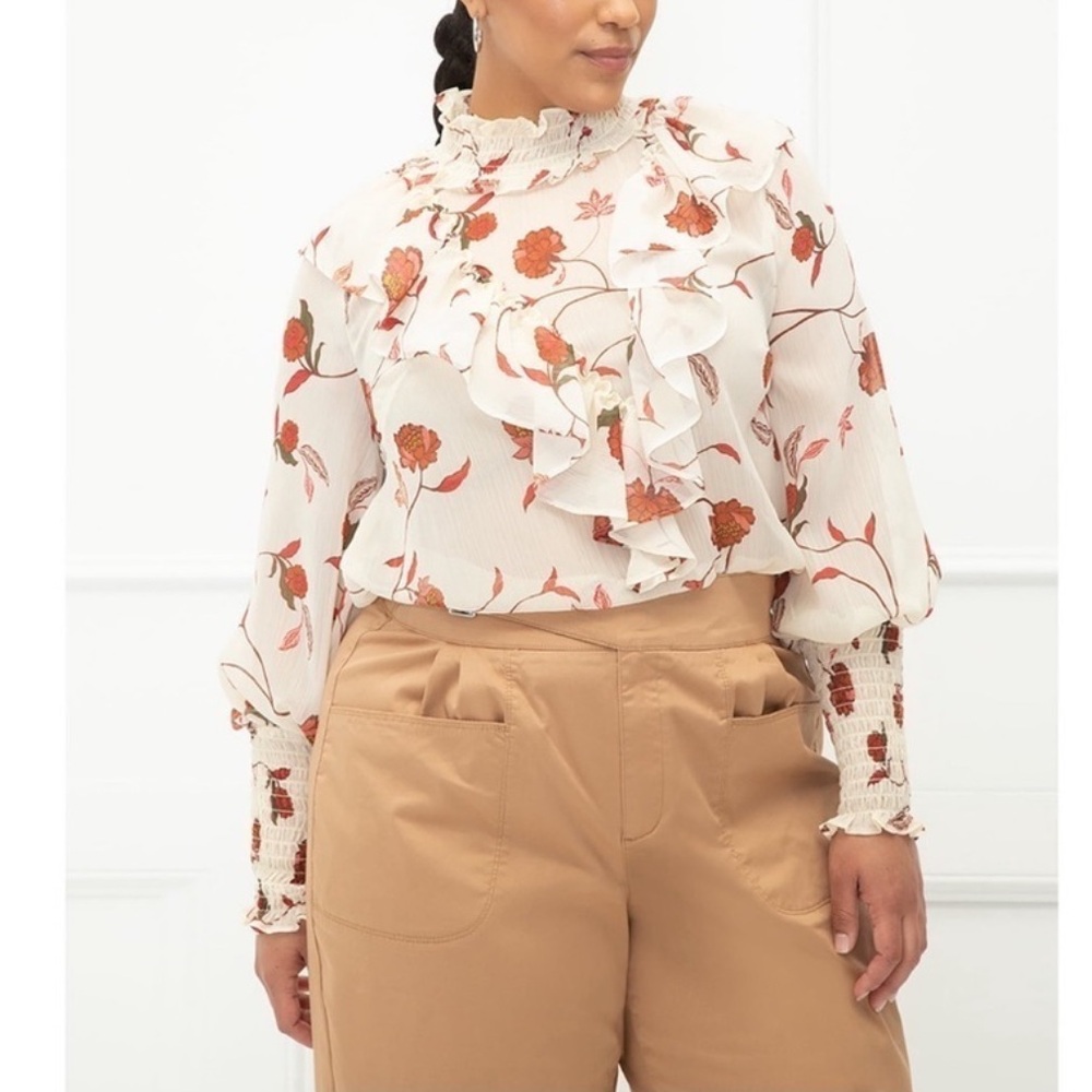 Eloquii Cream and Red Floral Ruffle Blouse